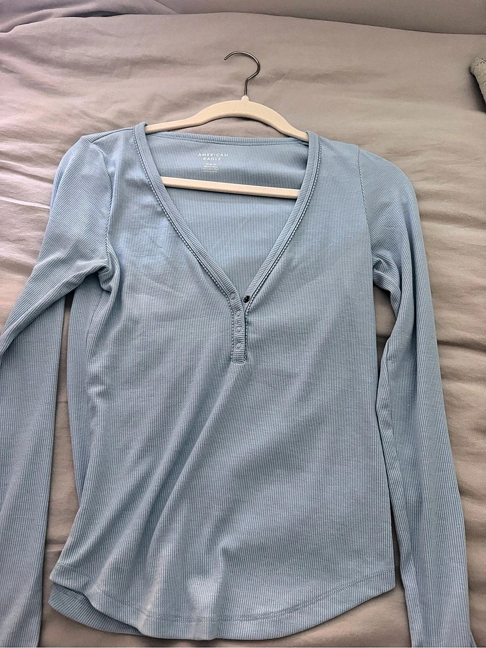 American Eagle Ribbed V-Neck Henley Long Sleeve Top Blue Medium